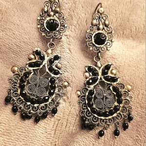 Silver and obsidian bead chandelier earrings
